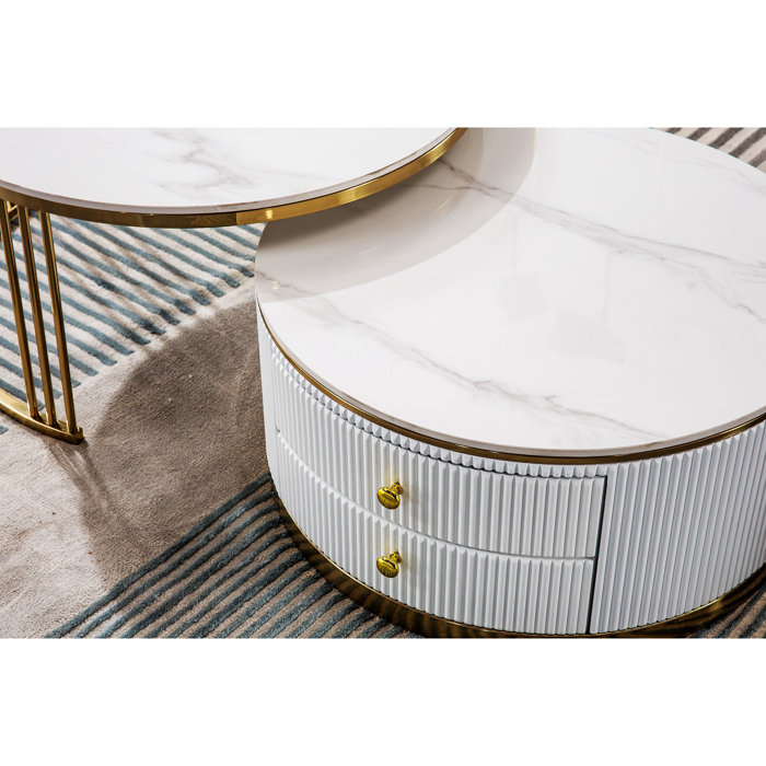 Everly Quinn Timm Nesting Coffee Table With 2 Drawer, Round White End